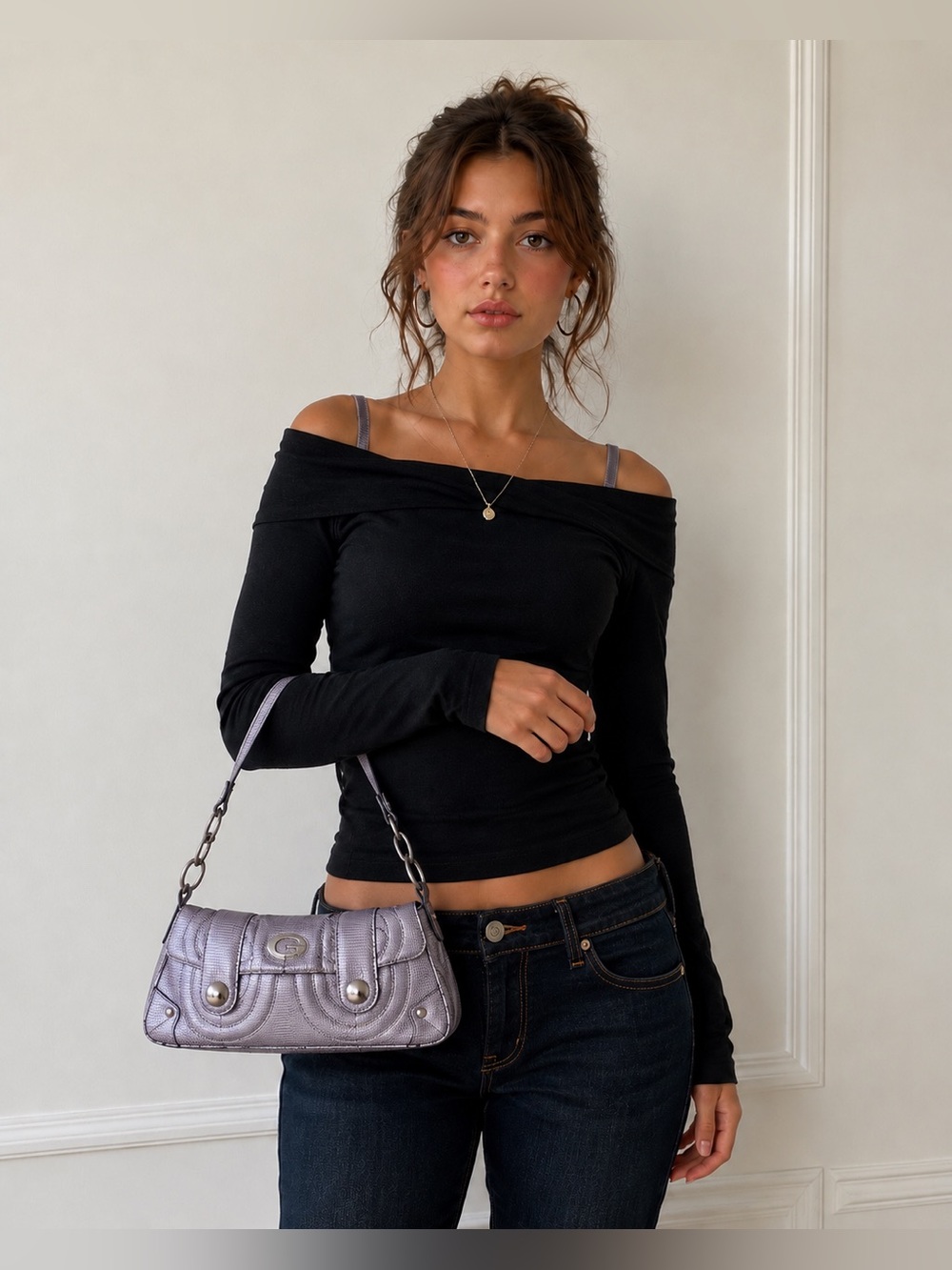 Guess Y2K Metallic Lavender Shoulder Bag Textured Faux Reptile Purse